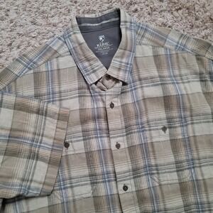 Kuhl Button Down Shirt Mens XXL Tan Blue Plaid Linen Cotton Short Sleeve Hiking